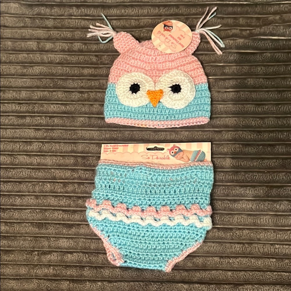 Pink and Blue Owl Crochet Hat and Diaper Cover Set